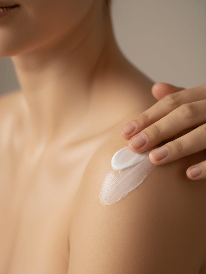 Moteris švelniai įmasažuoja kūno kremą į odą, pabrėžiant odos švelnumą ir drėkinimą