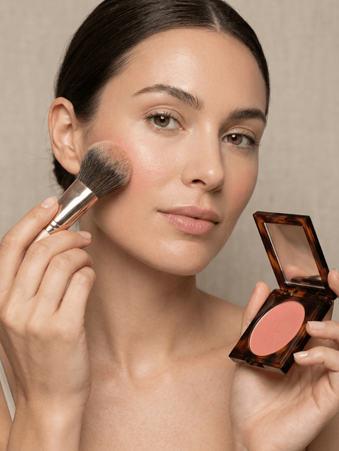 Moteris tepa skaistalus makiažo šepetėliu, rankoje laikydama skaistalų paletę.