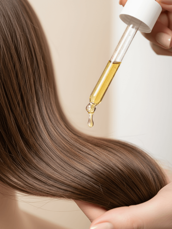 Plaukų serumas lašinamas ant plaukų sruogos, pabrėžiant plaukų glotnumą ir priežiūrą