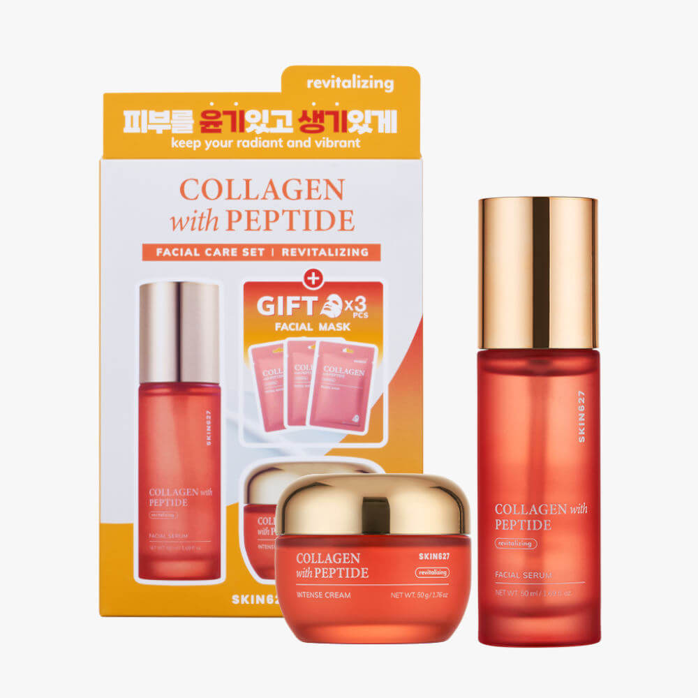 SKIN627 Kolageno ir peptidų veido priežiūros rinkinys nuo raukšlių, 3 x 22 ml + 50 g + 50 ml