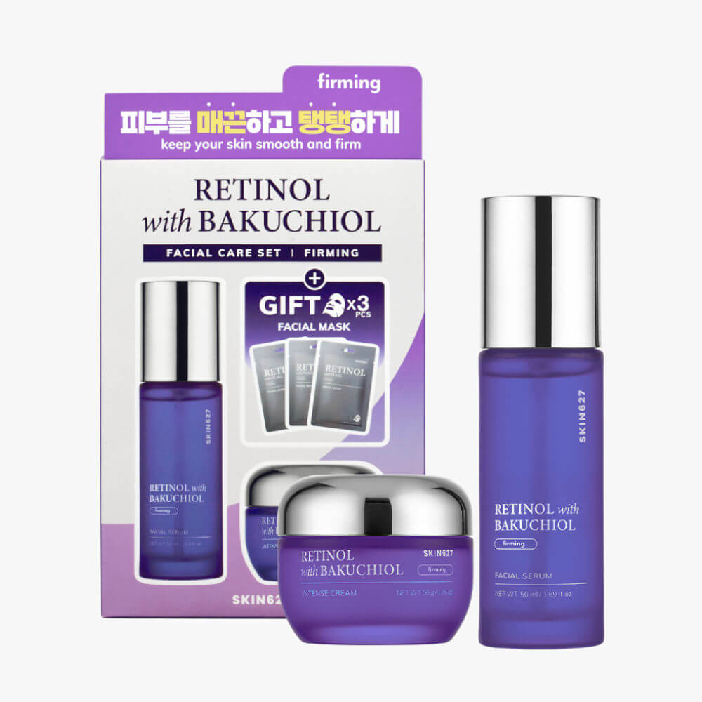 SKIN627 stangrinančio veido odos rinkinys su retinoliu ir bakuchioliu, 3 x 22 ml + 50 g + 50 ml
