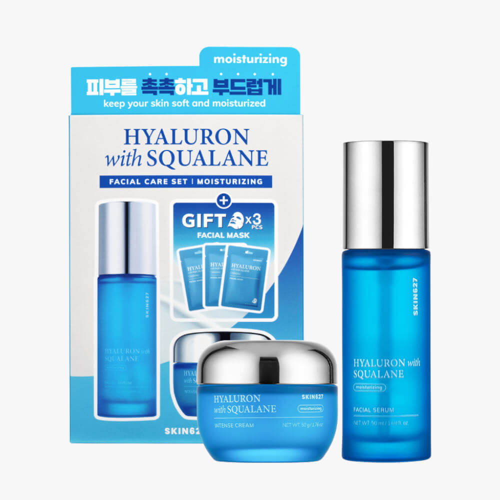 SKIN627 drėkinamasis veido odos priežiūros rinkinys su hialuronu ir skvalanu, 3 x 22 ml + 50 g + 50 ml
