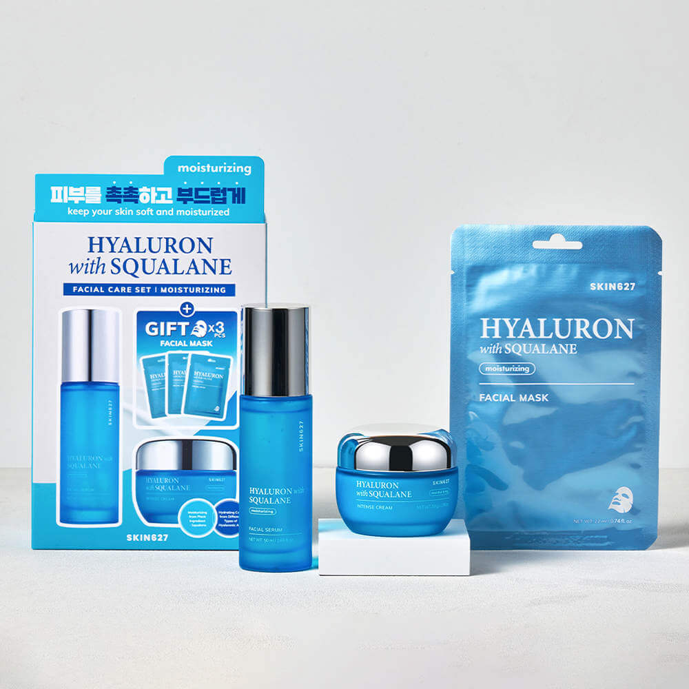 SKIN627 drėkinamasis veido odos priežiūros rinkinys su hialuronu ir skvalanu, 3 x 22 ml + 50 g + 50 ml - Image 2